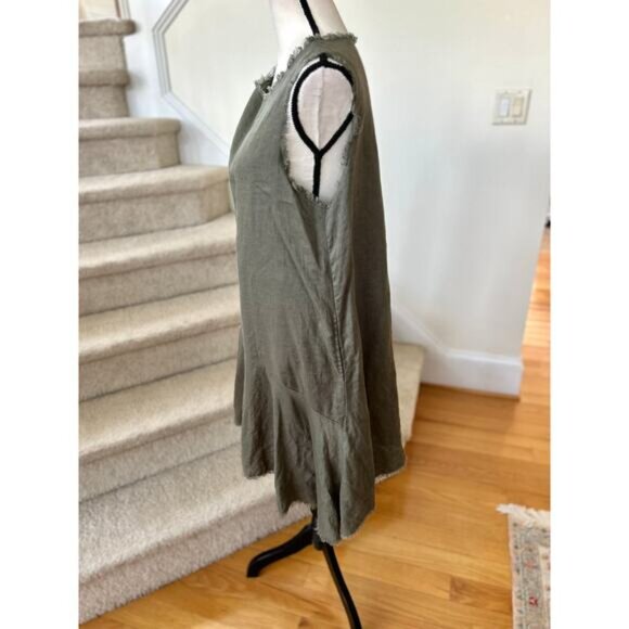 LJC Designs Olive Green Frayed Hem Linen Tulip Skirt Shift Dress - Picture 5 of 7